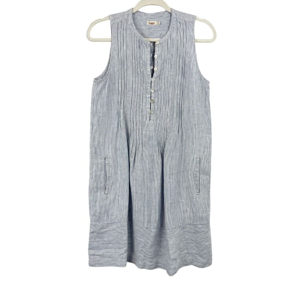 Faherty Blue & White Striped Linen Shift Dress Sleeveless Pleat Front - Size XS